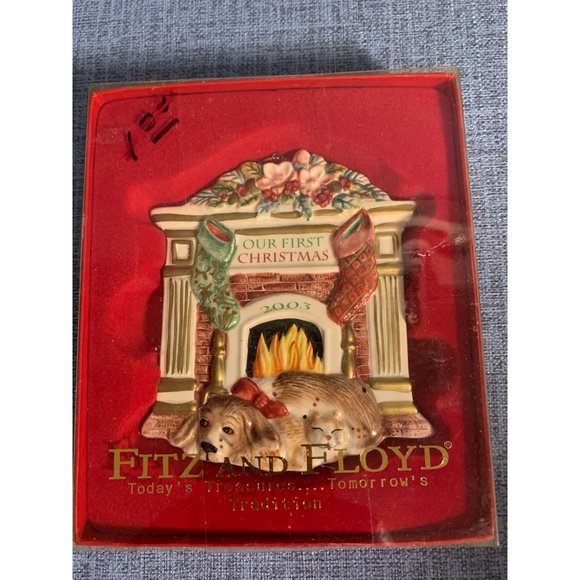 Fitz And Floyd 2003 "Our First Christmas" Ornament With Fireplace & Stockings De - Picture 1 of 2